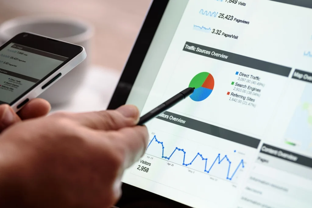 Illustration of website analytics showing traffic, visitors, and performance metrics